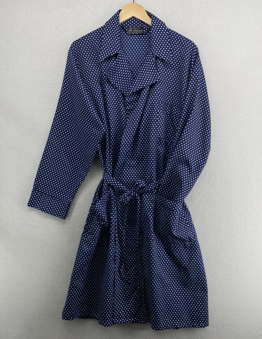 AFTER HOURS BY DIPLOMAT Robe Mens L Polka Dot Lounge Wrap Tie Waist Blue Vtg
